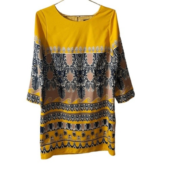 J.Crew Factory Yellow Foulard Border Print Shift Dress 3/4 Sleeve Crew Neck Mini - Picture 2 of 11